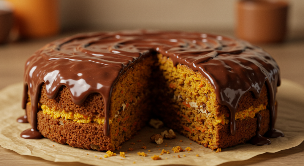 Bolo de cenoura fofinho com cobertura de chocolate.