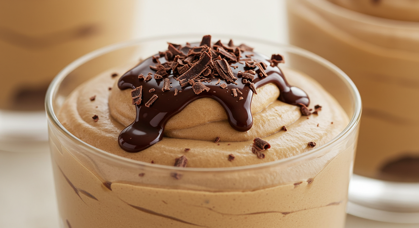 Sobremesa de mousse de café servida em taça com raspas de chocolate por cima.