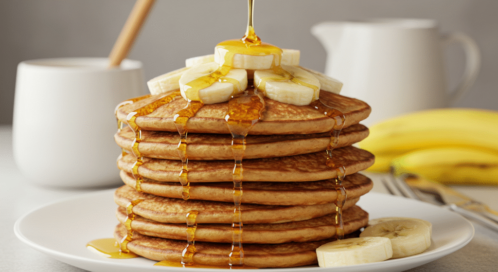 Panquecas fitness de banana com cobertura de mel e frutas