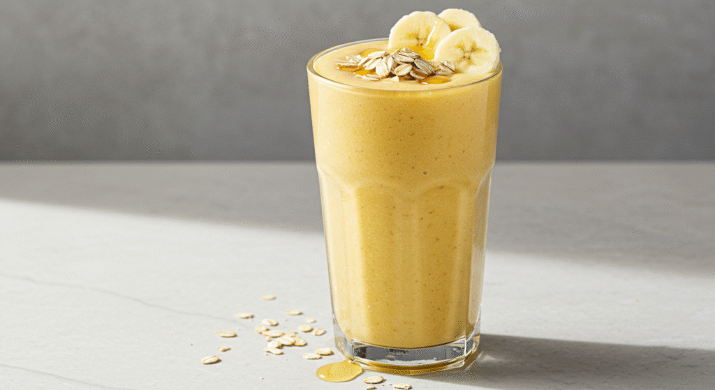 Smoothie de banana com aveia e mel servido em copo transparente
