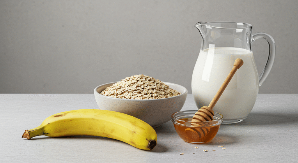 Ingredientes naturais para smoothie de banana com aveia e mel