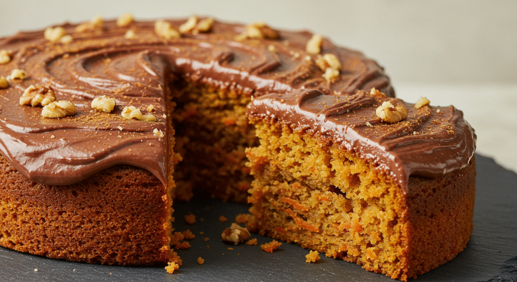 Cobertura de chocolate sendo despejada sobre bolo de cenoura