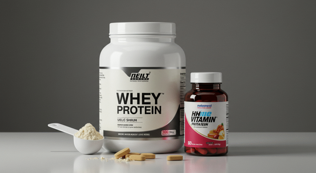 Pote de whey protein com scoop medidor e shake proteico