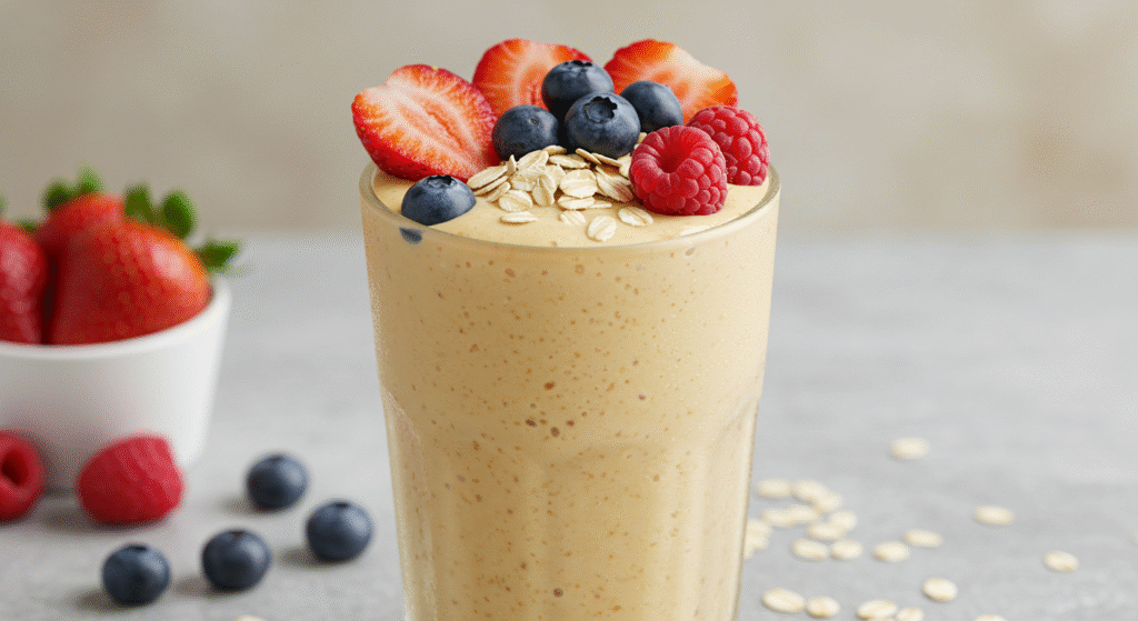 Shake proteico com ingredientes saudáveis ao redor