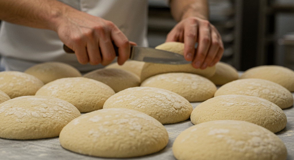Porções de massa de pão de hambúrguer prontas para o forno