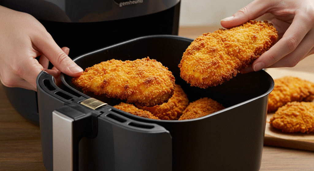 Frango crocante na airfryer servido com molho e batatas