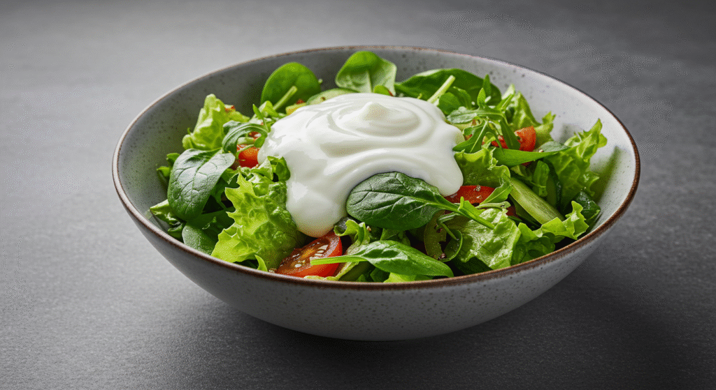 Salada com folhas verdes e molho branco de iogurte por cima