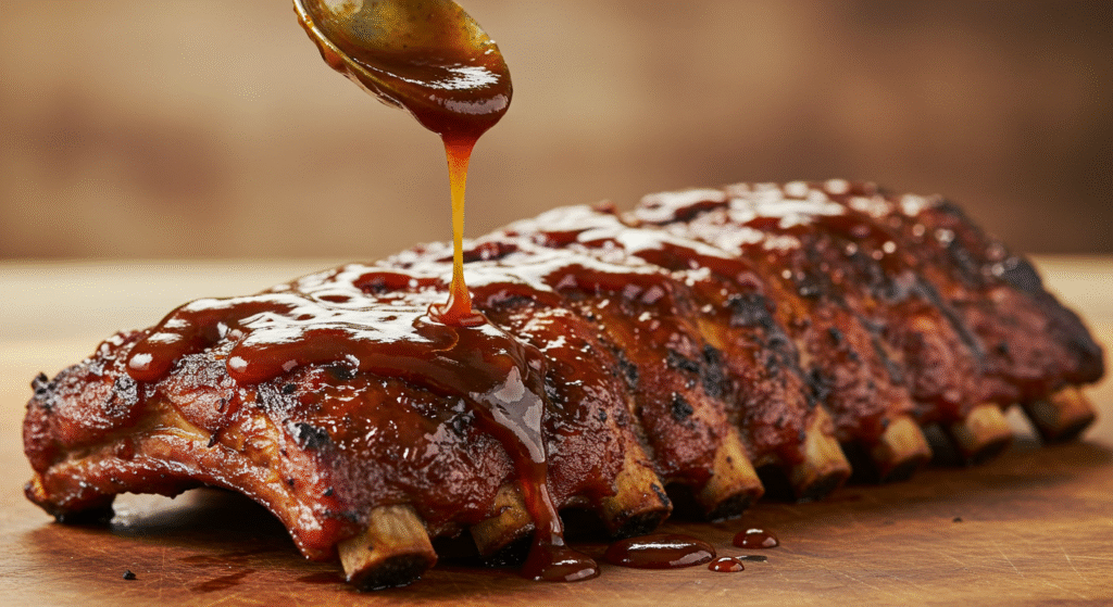 Costela assada com molho barbecue caseiro sendo aplicado
