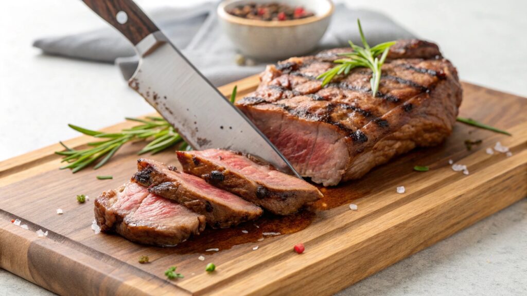 Cortando carne para churrasco com faca afiada sobre tábua