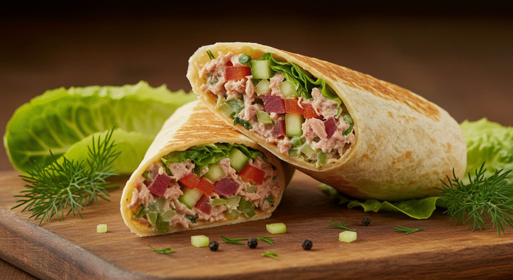 Wrap cortado ao meio com recheio de atum.