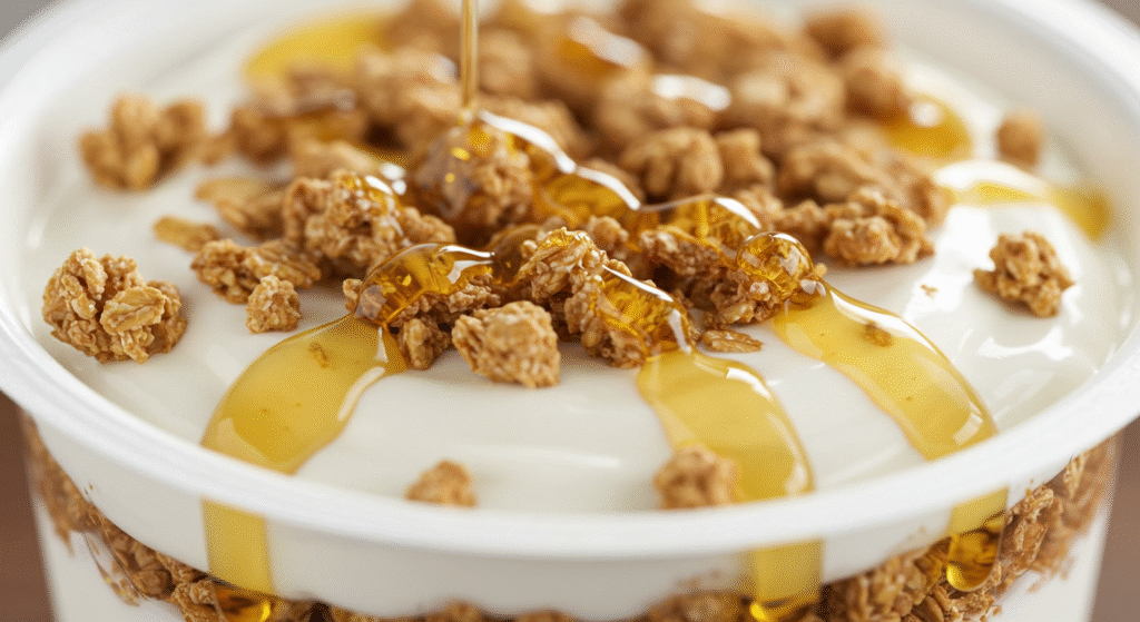 Pote de iogurte de granola e mel.