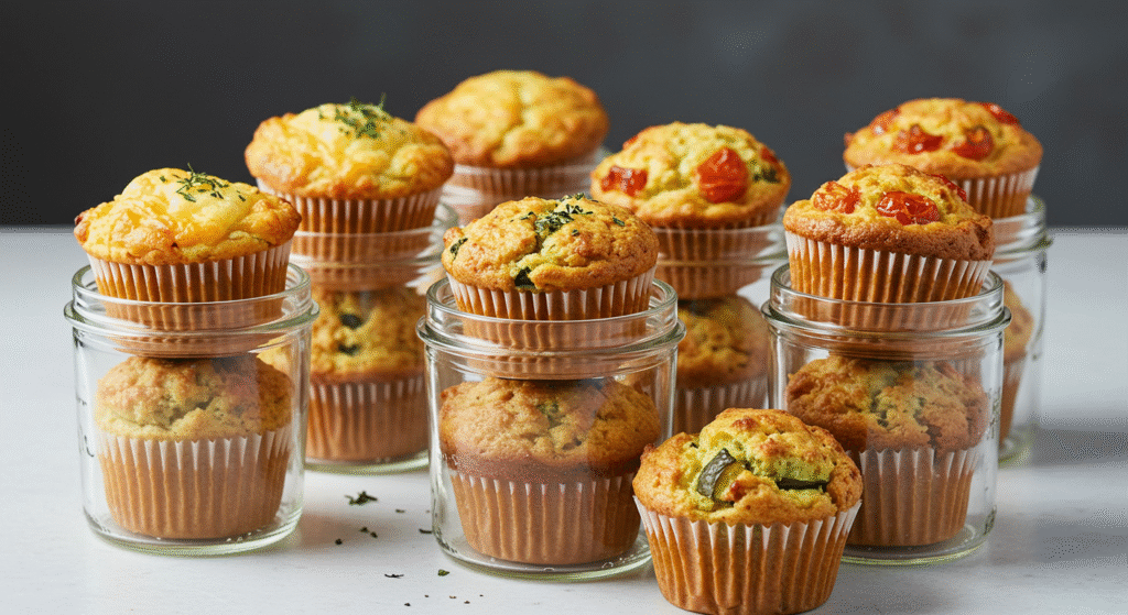 Muffins salgados variados em potinhos.