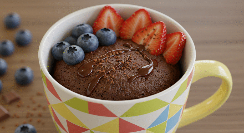 Bolo de caneca em caneca colorida, com frutas e cacau decorando.
