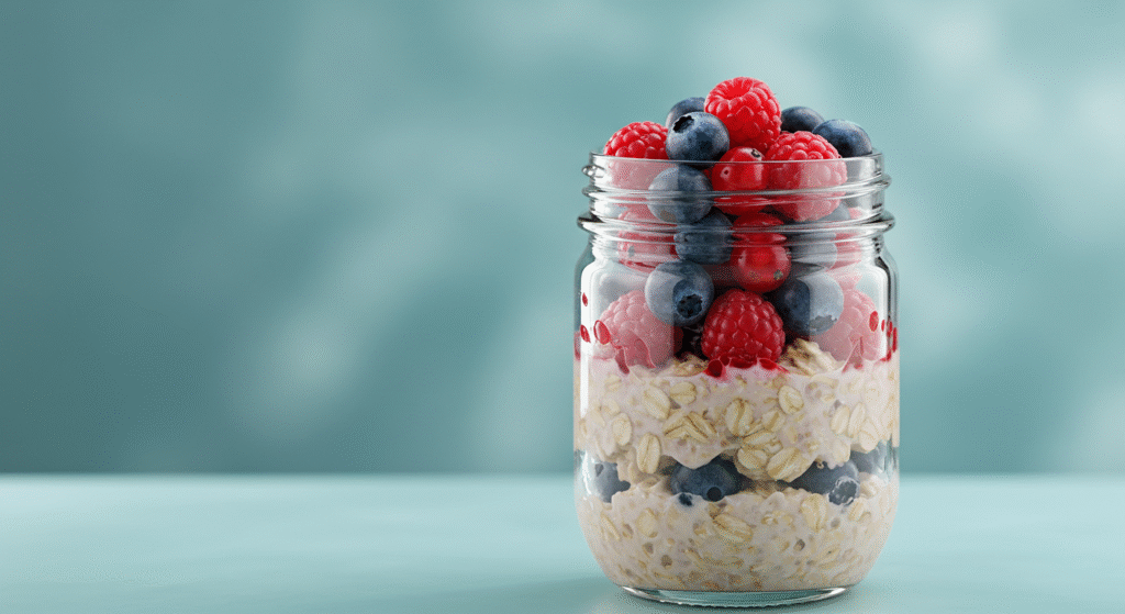 Pote de overnight oats com frutas vermelhas.
