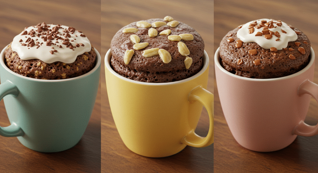 Variações de bolo de caneca fit: com banana, com gotas de chocolate, com frutas vermelhas.