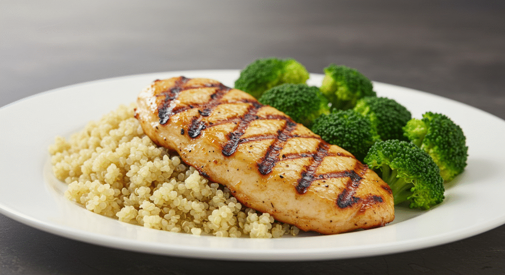 Frango grelhado com quinoa e brócolis servido em prato branco