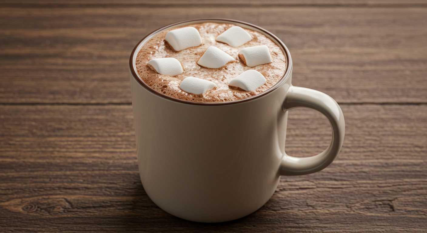 Uma foto profissional de Caneca de chocolate quente com marshmallows derretendo por cima em mesa rústica de madeira