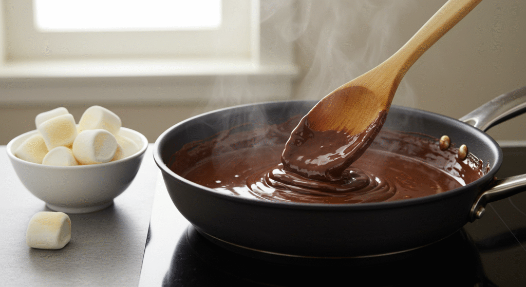 Uma foto profissional de Panela com chocolate sendo mexido com colher de pau e marshmallows ao lado