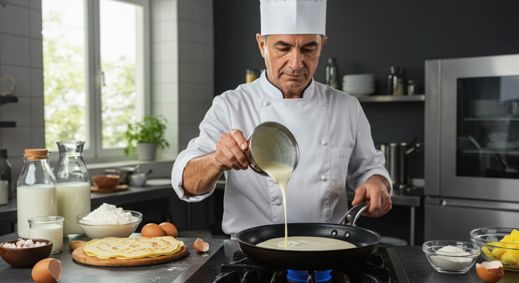 criar uma imagem profissional de Preparação do crepe de leite em frigideira antiaderente.