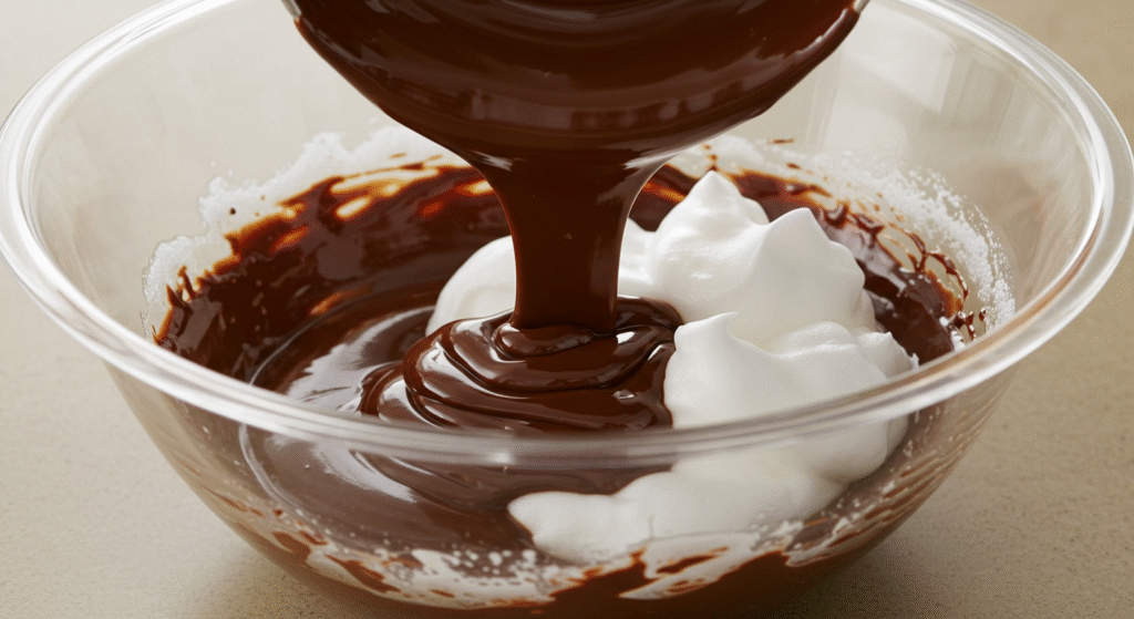 Uma foto profissional de Chocolate derretido sendo misturado com claras em neve em tigela de vidro.