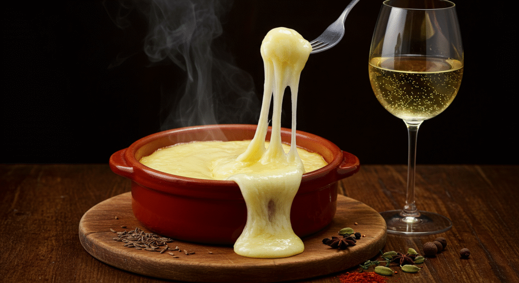 Queijo derretendo lentamente com vinho branco e especiarias