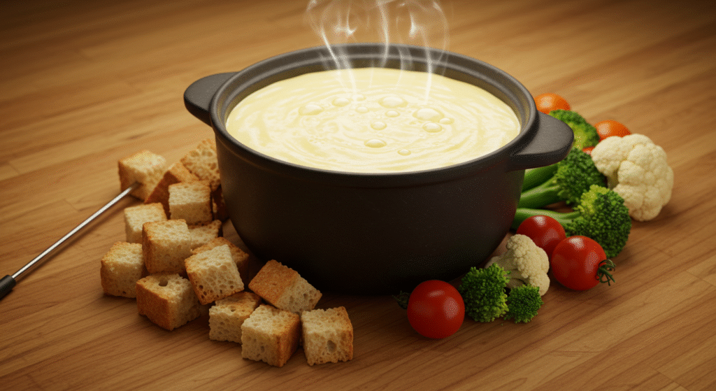 Fondue de queijo derretido servido com pães e legumes em volta