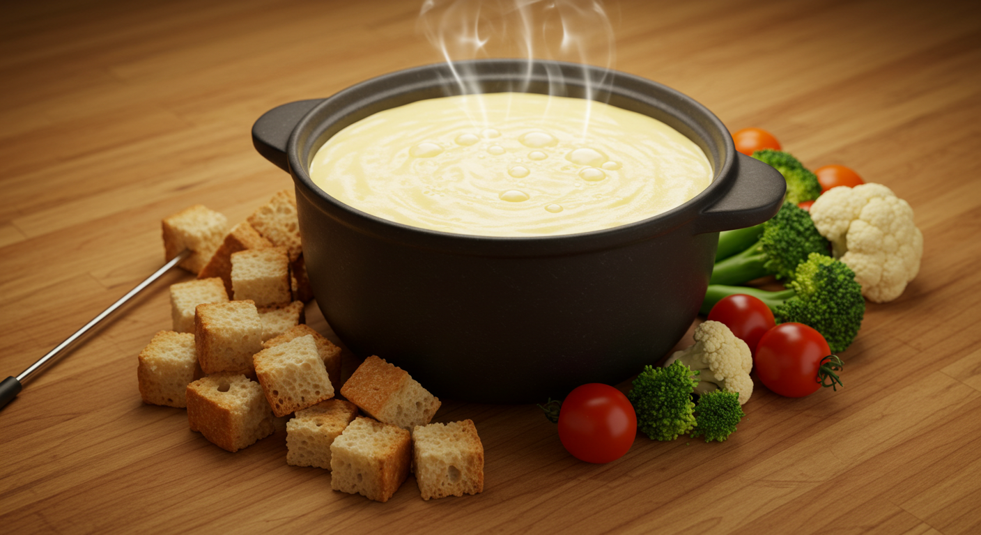 Fondue de queijo derretido servido com pães e legumes em volta