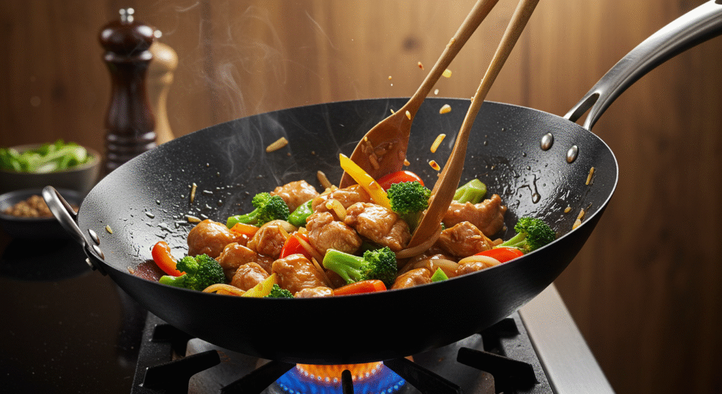 Frango xadrez fit com pimentões, cenoura e brócolis frescos